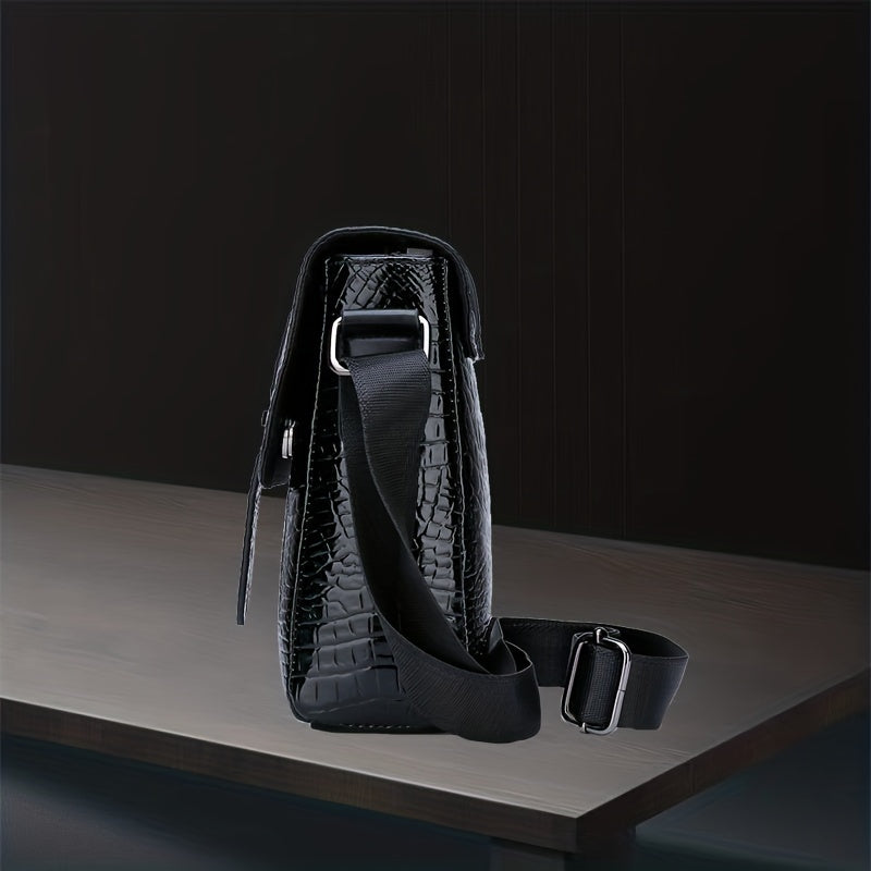 Men's Crocodile Pattern Crossbody Bag, PU Leather Shoulder Bag, Business Messenger Bag