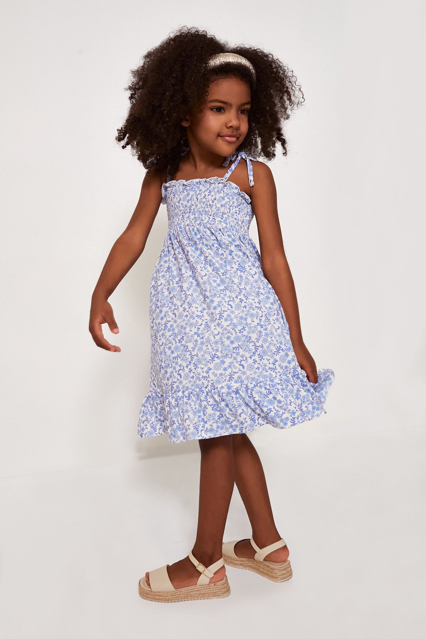 Blue Calico Floral Tie Strap Smocked Sundress