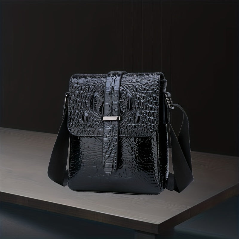 Men's Crocodile Pattern Crossbody Bag, PU Leather Shoulder Bag, Business Messenger Bag