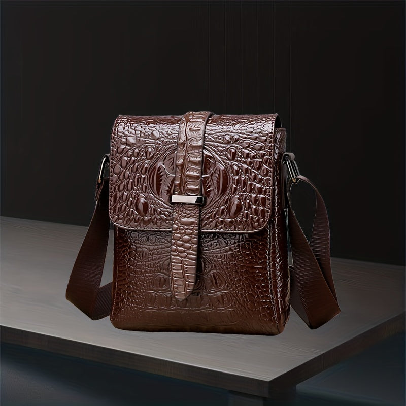 Men's Crocodile Pattern Crossbody Bag, PU Leather Shoulder Bag, Business Messenger Bag
