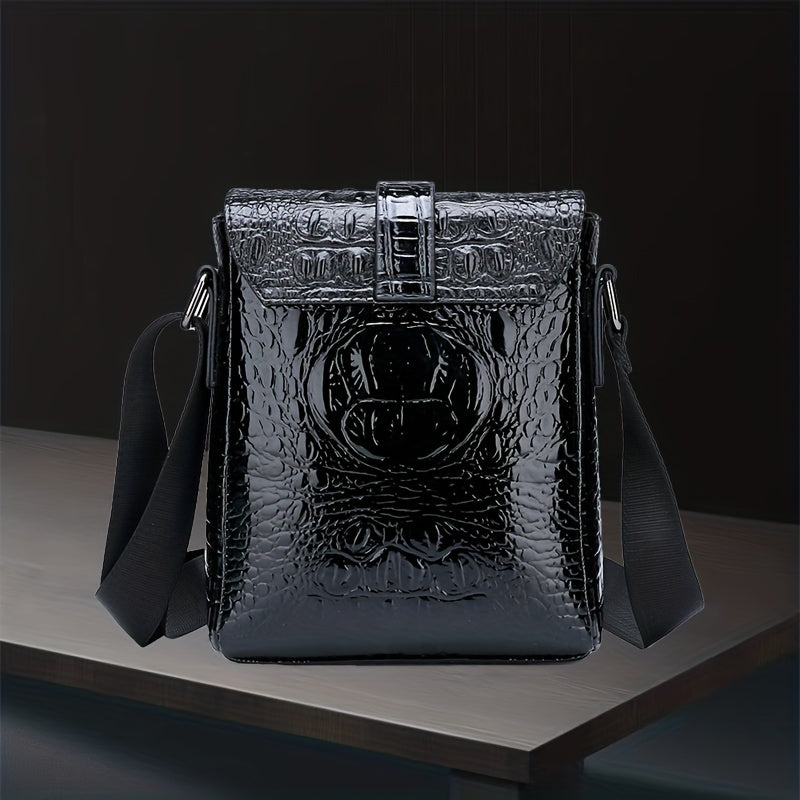 Men's Crocodile Pattern Crossbody Bag, PU Leather Shoulder Bag, Business Messenger Bag